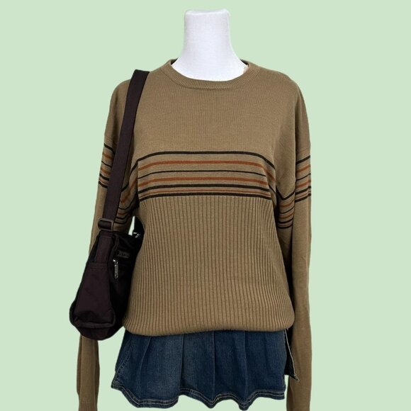 y2k beige striped light weight knit sweater retro indie skate - Picture 1 of 8